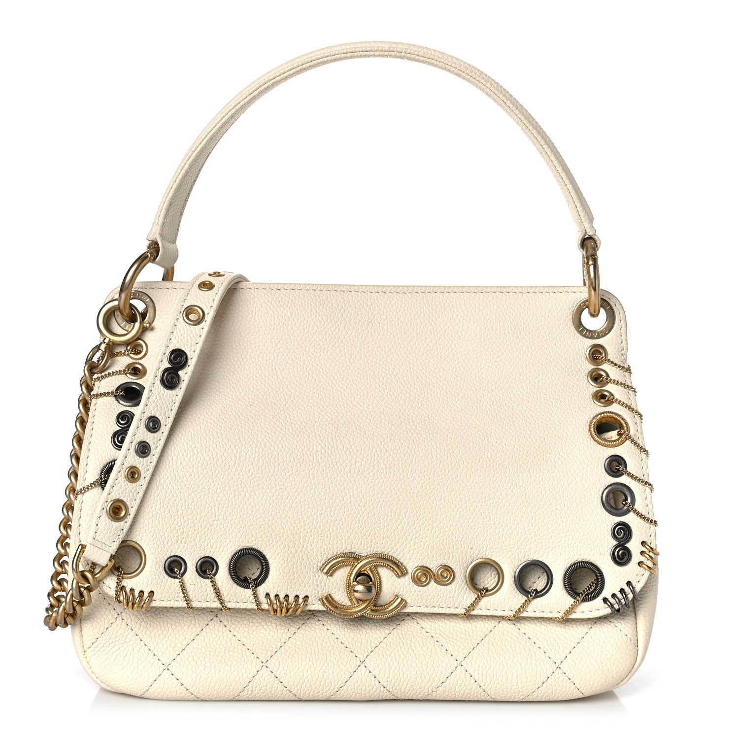 Chanel Caviar Quilted Grommet Embellished Small Piercing Chic Flap Bag Ivory 1 of 10