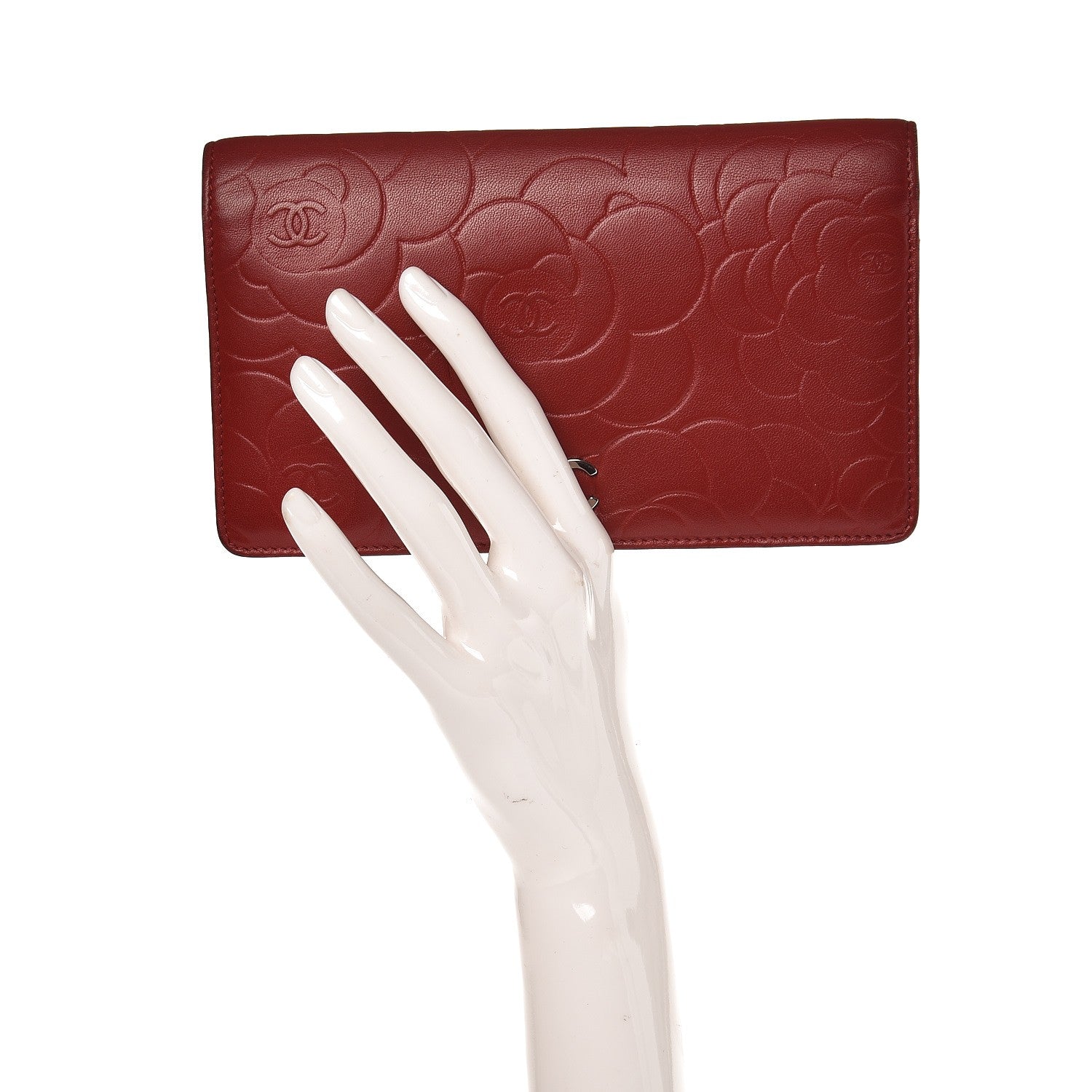 Chanel Lambskin Camellia Embossed Yen Wallet Dark Red 2 of 11