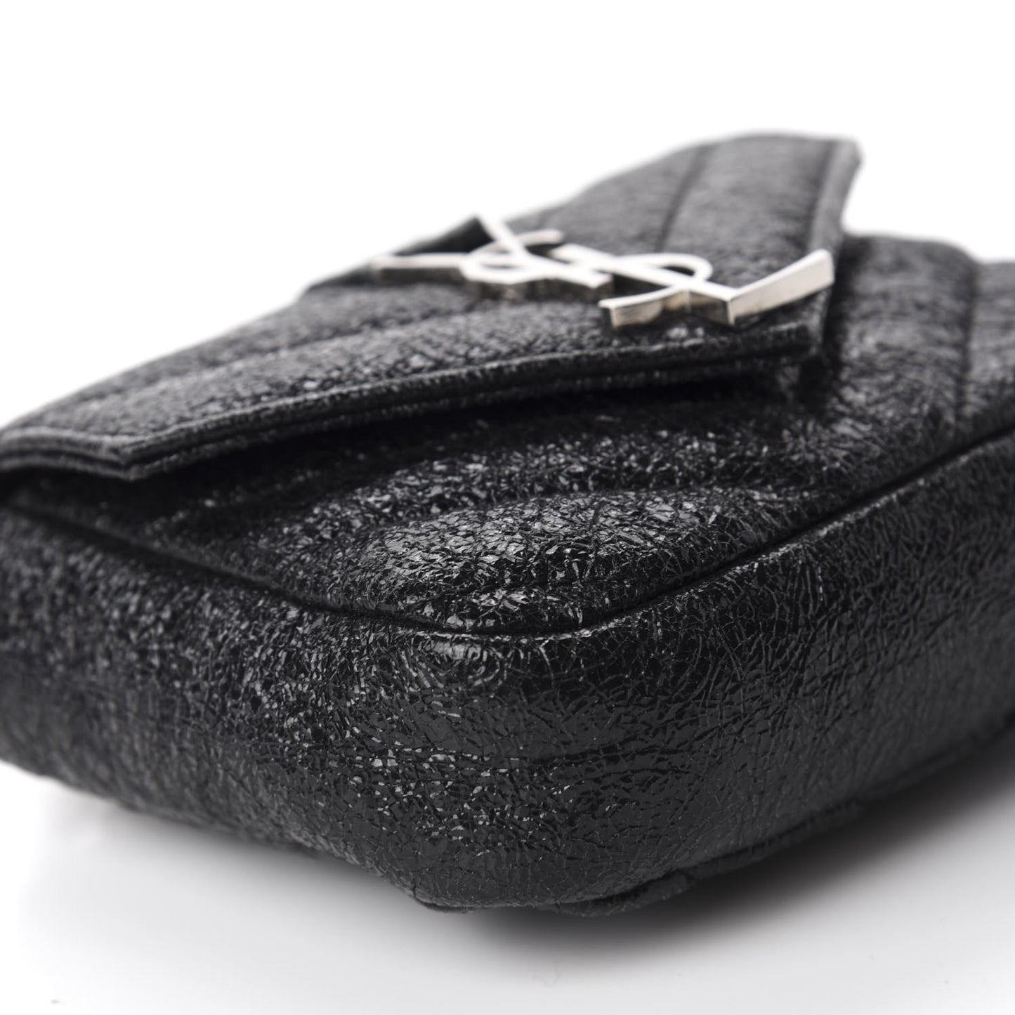 Metallic Crackled Calfskin Chevron Monogram Micro Crossbody Bag Black