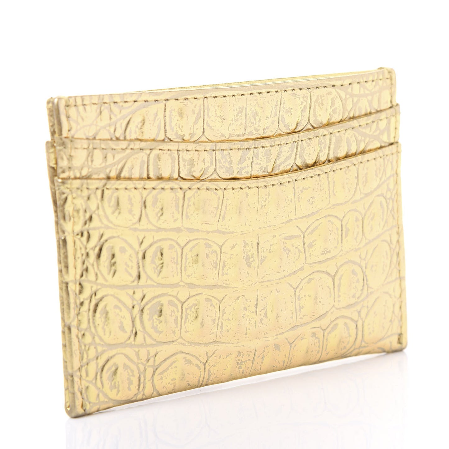 Metallic Calfskin Crocodile Embossed Cocodile Card Holder Gold