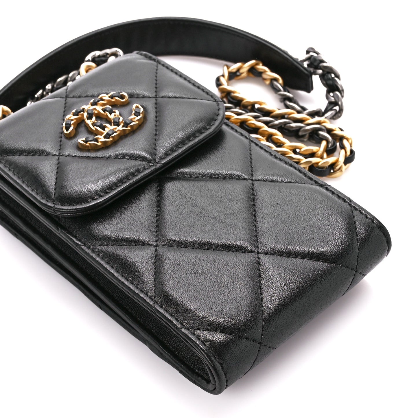 Lambskin Quilted Chanel 19 Phone Holder With Chain Black