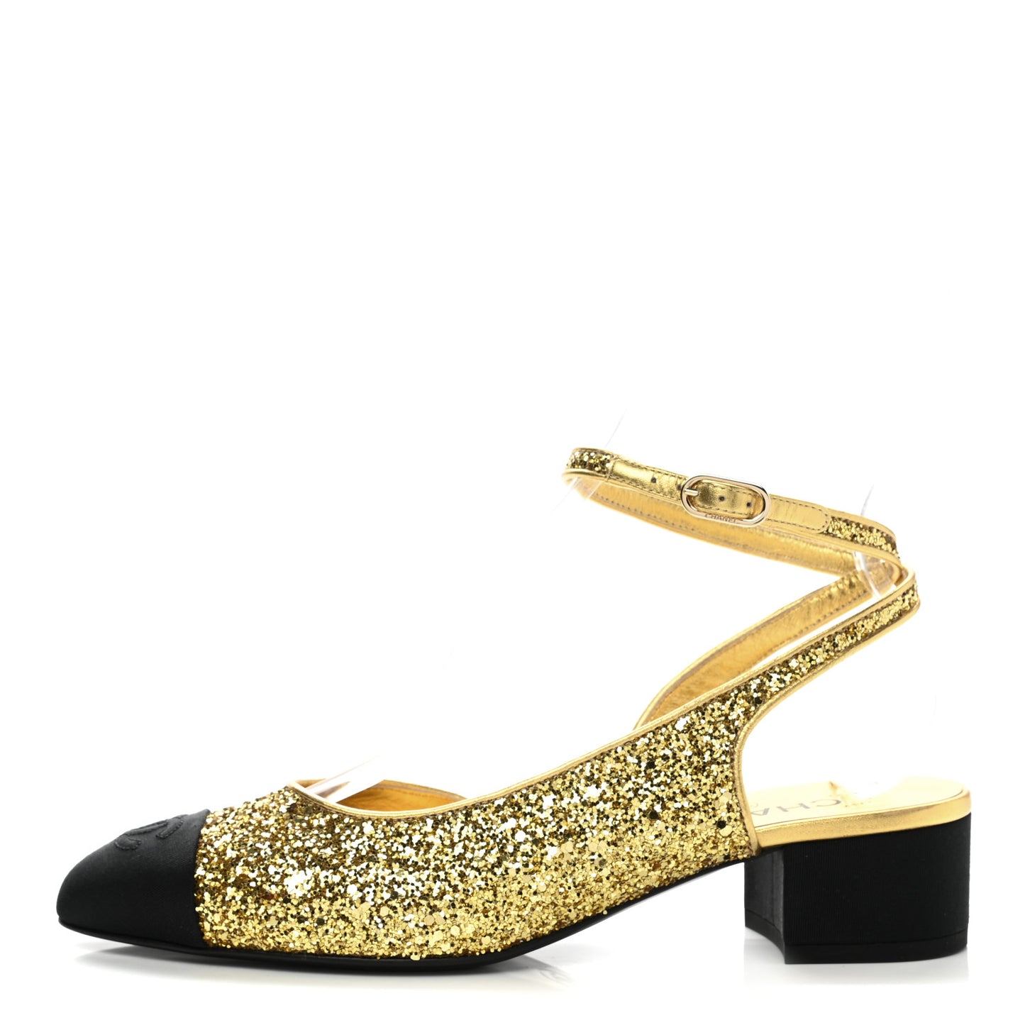 Glitter Grosgrain Cap Toe CC Ankle Wrap Pumps 39 Gold Black