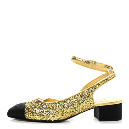 Chanel Glitter Grosgrain Cap Toe CC Ankle Wrap Pumps 39 Gold Black 1 of 8