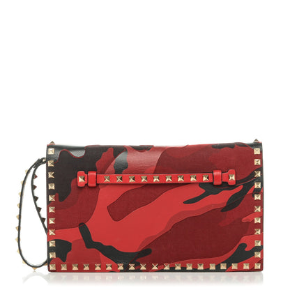 Valentino Garavani Nappa Canvas Camouflage Rockstud Wristlet Clutch Red Black 1 of 6