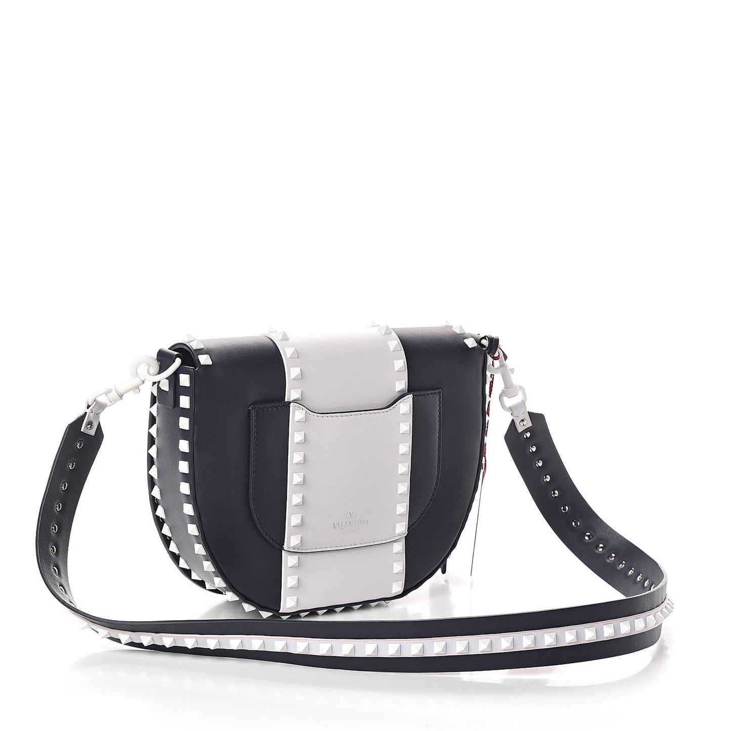 Vitello Colorblock Large Free Rockstud Halfmoon Saddle Bag Marine White