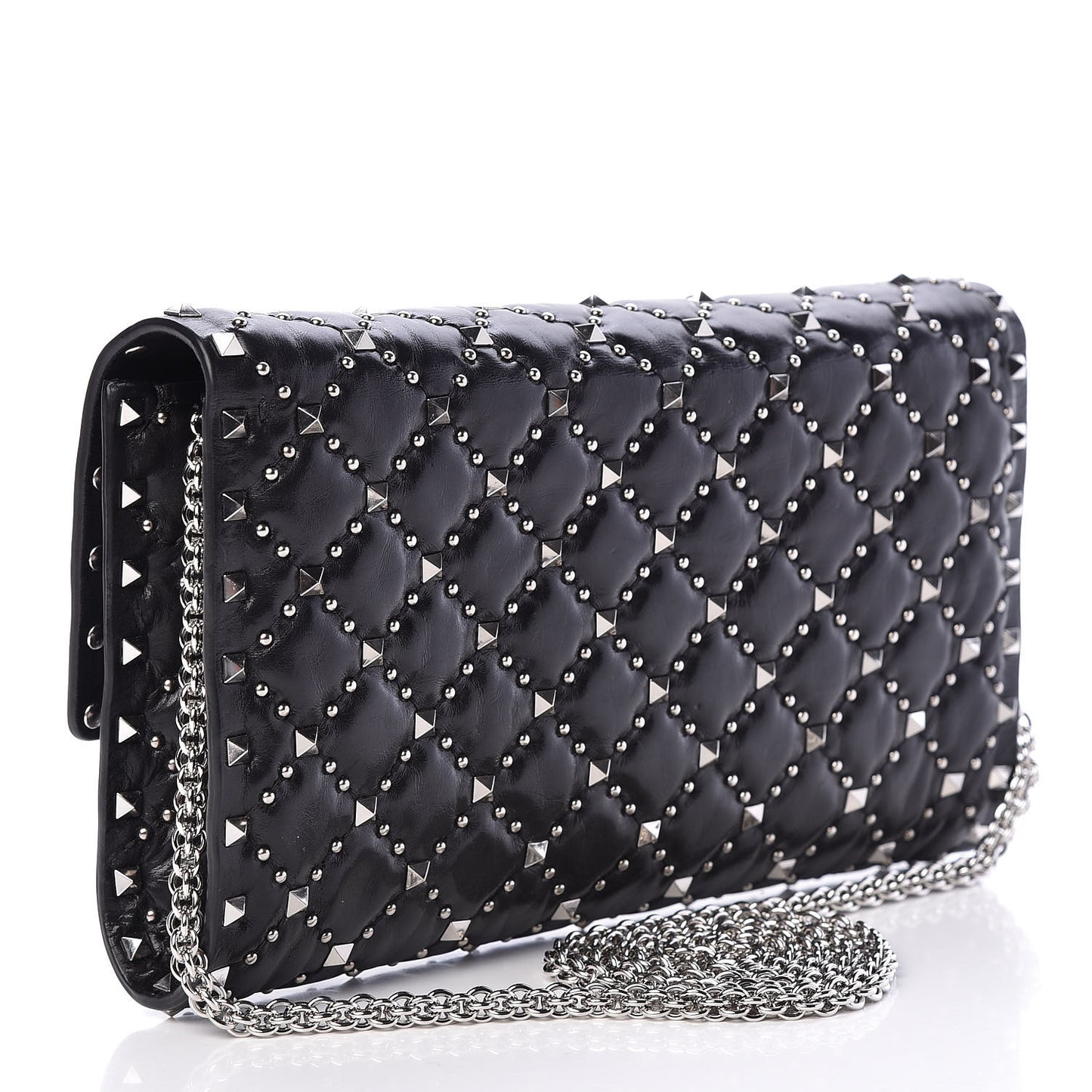 Lambskin Beaded Rockstud Spike Wallet on Chain Black