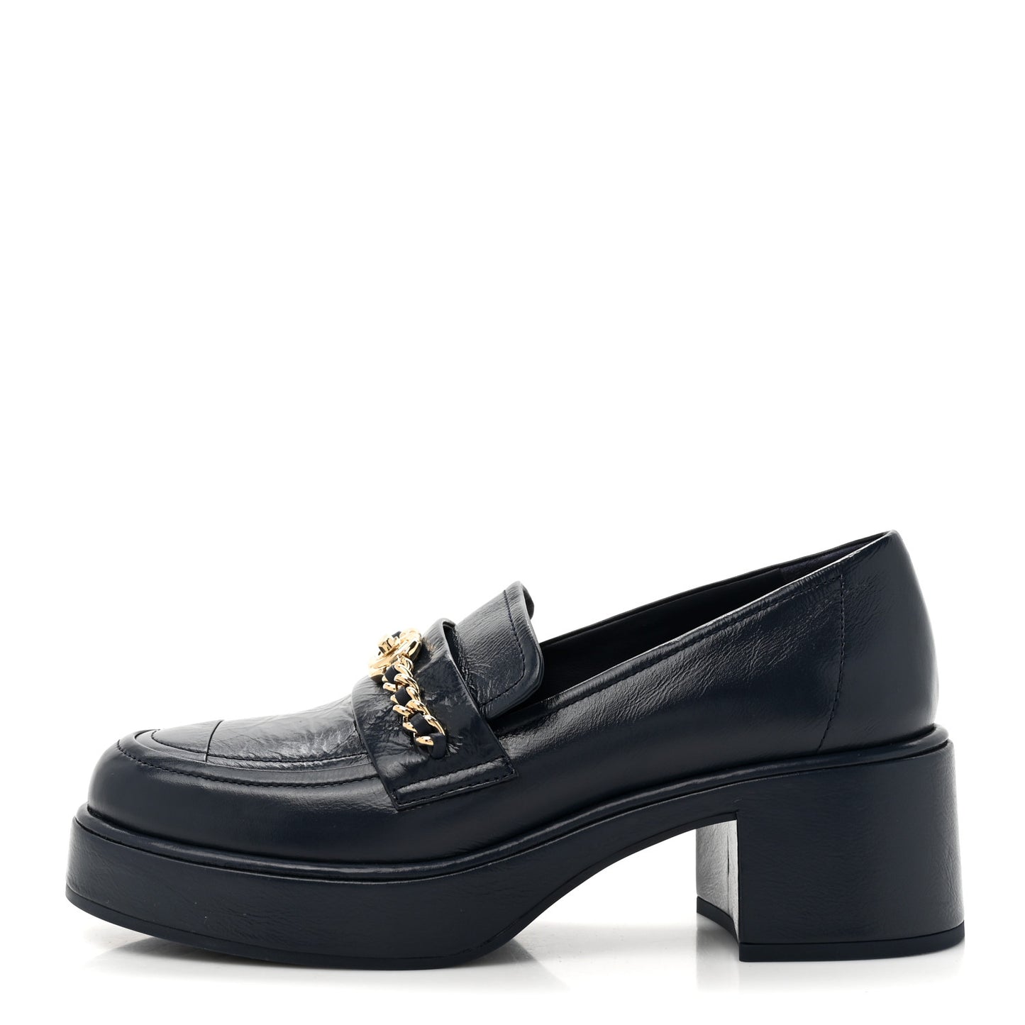 Shiny Calfskin Logo Platform  Loafers 36.5 Dark Blue