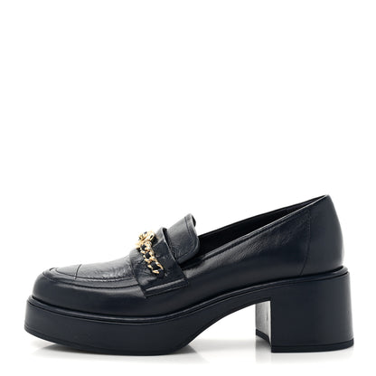 Chanel Shiny Calfskin Logo Platform  Loafers 36.5 Dark Blue 1 of 9