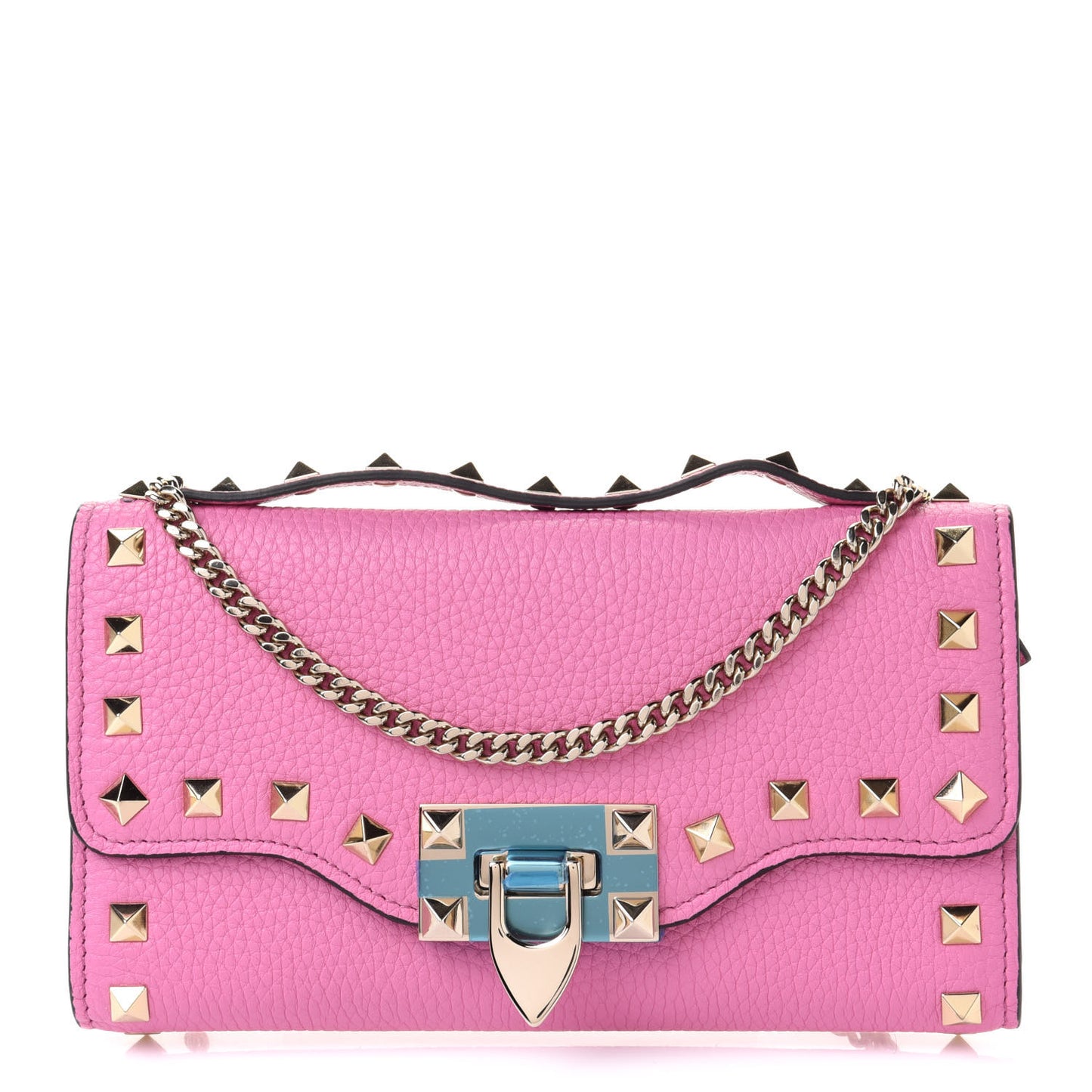 Pebbled Calfskin Rockstud Flip Lock Wallet On Chain Dawn Pink