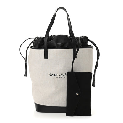 Saint Laurent Canvas Calfskin Teddy Drawstring Shopping Tote White Black 3 of 11