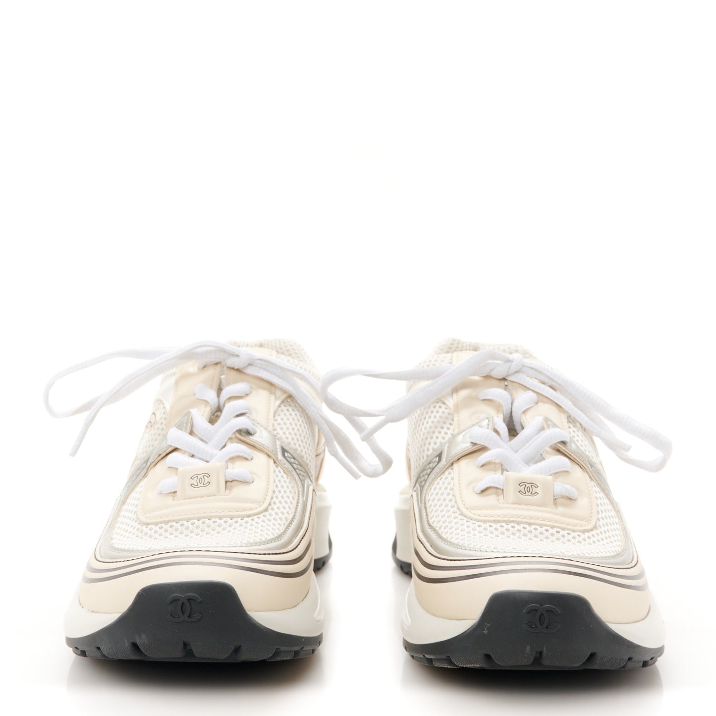 Fabric Laminated Calfskin Stretch CC Womens Sneakers 38 Ivory White Silver