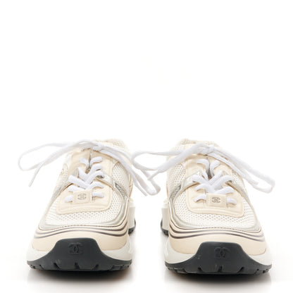Chanel Fabric Laminated Calfskin Stretch CC Womens Sneakers 38 Ivory White Silver 2 of 8