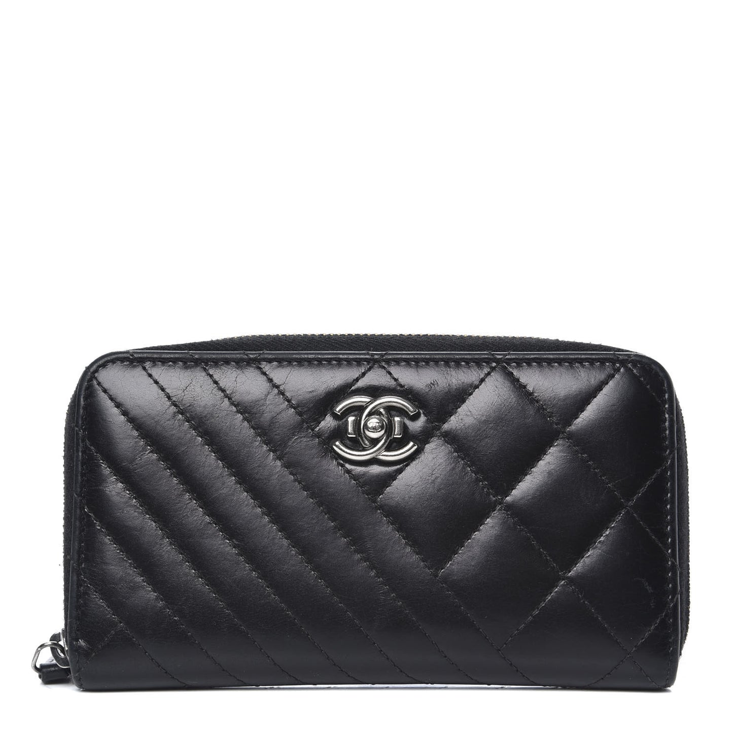 Glazed Calfskin Quilted Small Coco Boy Zip Around Wallet Black