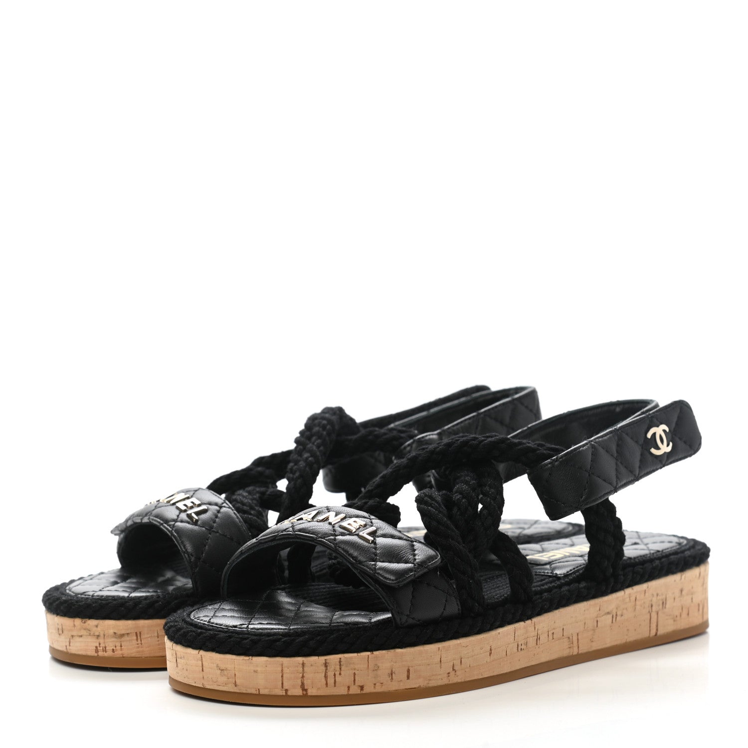 Chanel Cord Lambskin Quilted Logo Sandals 37 Black 3 of 8