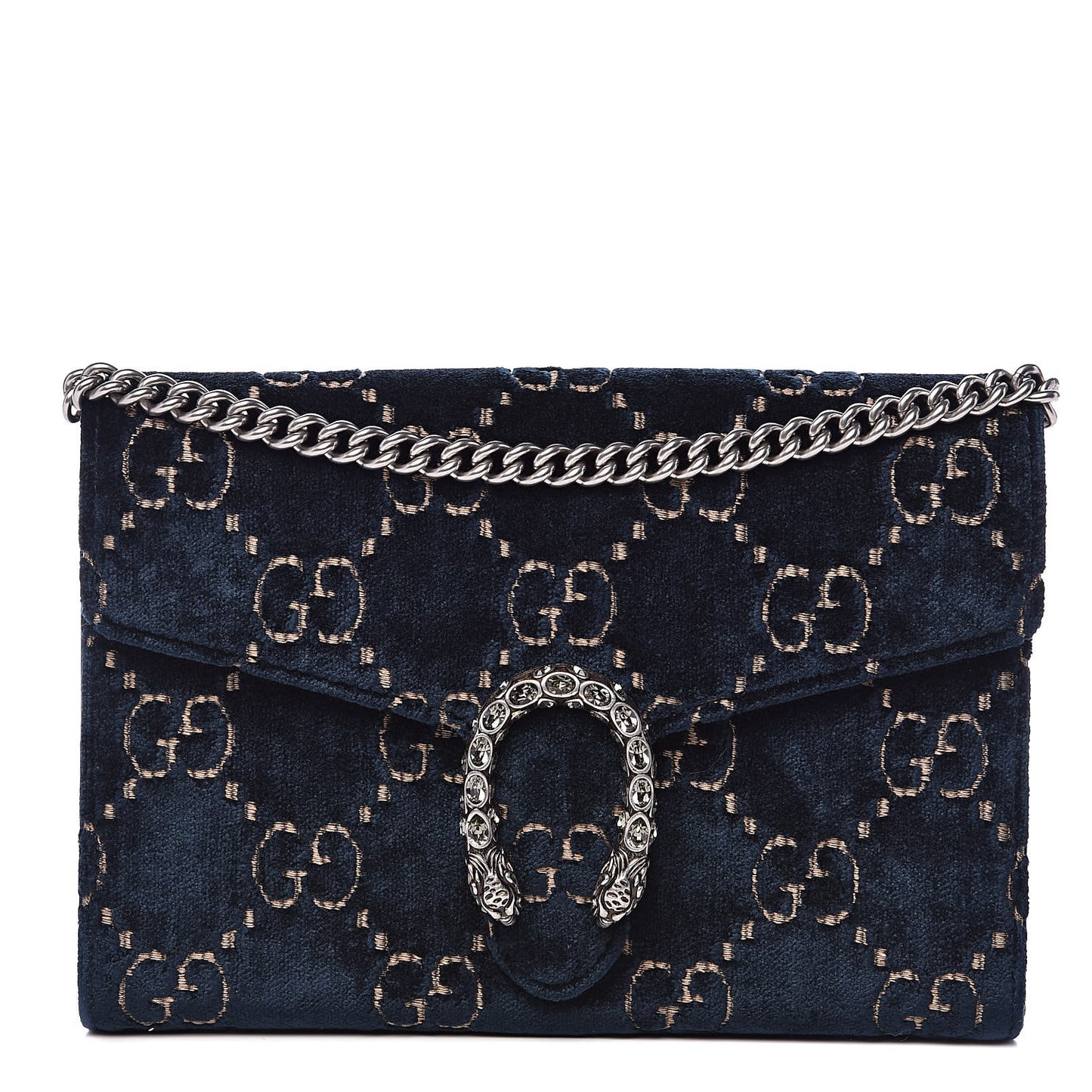 Velvet Crystal GG Monogram Mini Dionysus Chain Wallet Blue Beige Black