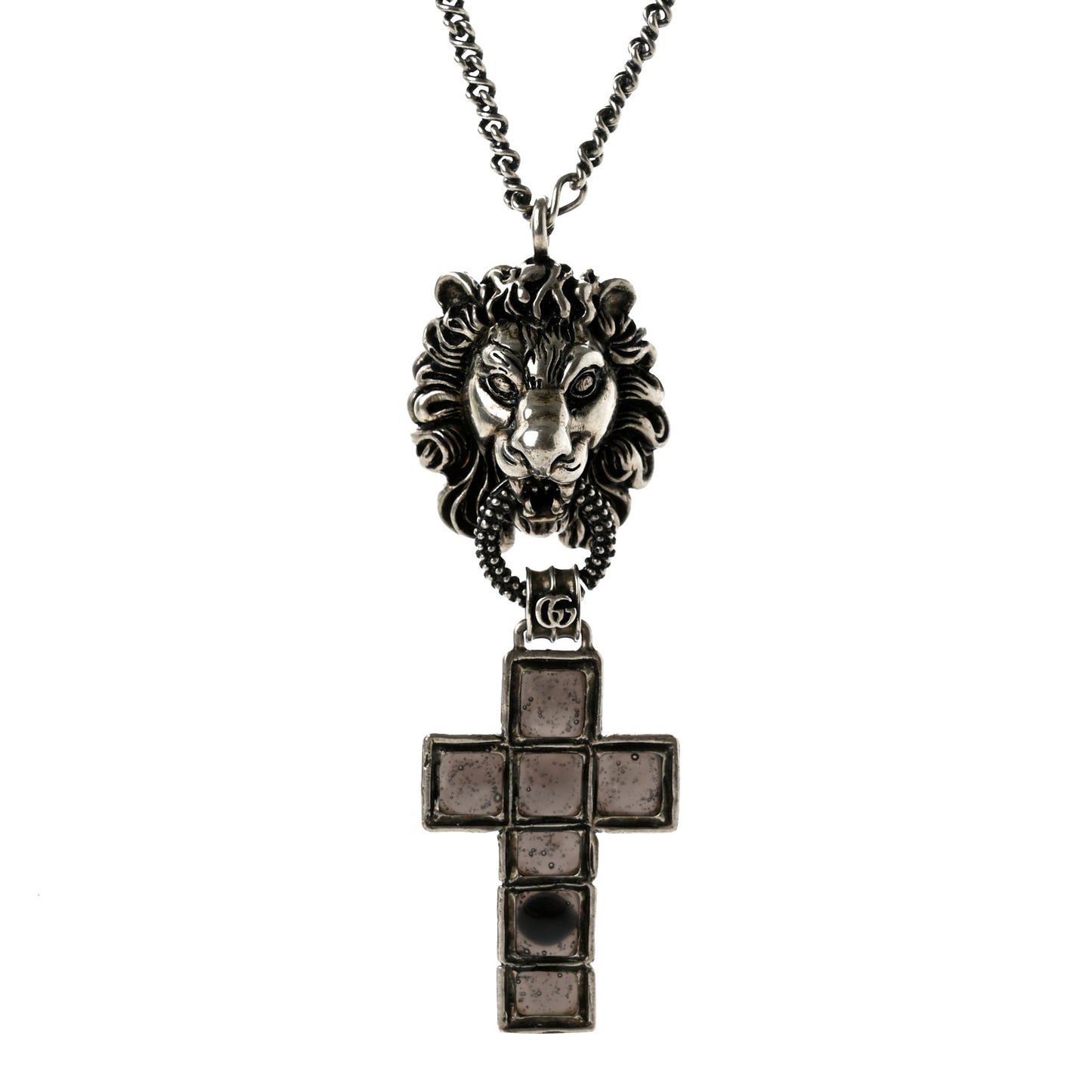 Enamel Brass Lion Head Crucifix Necklace Black