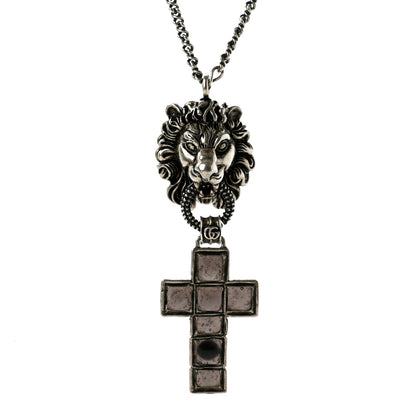 Gucci Enamel Brass Lion Head Crucifix Necklace Black 4 of 7