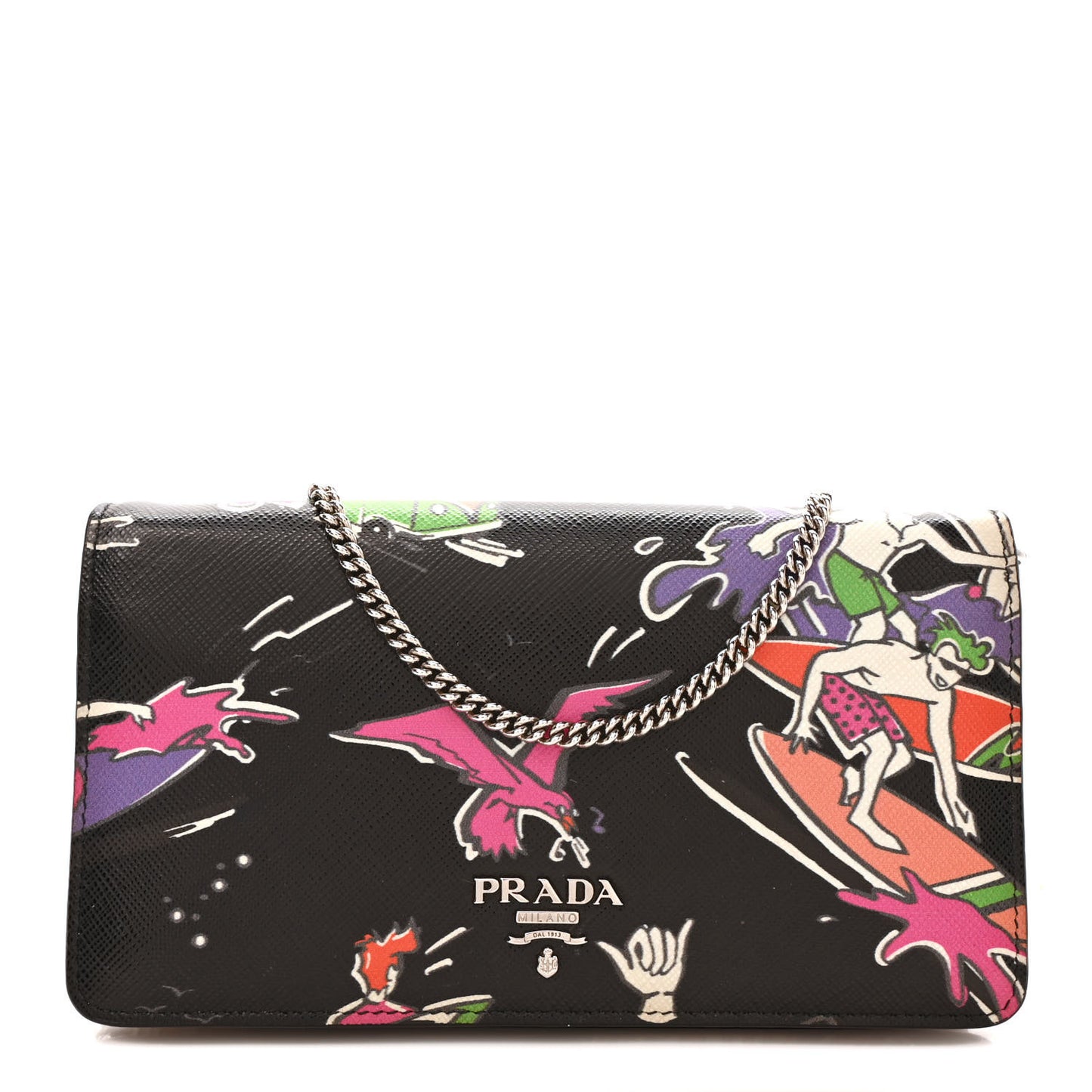 Saffiano Surfing Print Chain Wallet Black Multicolor