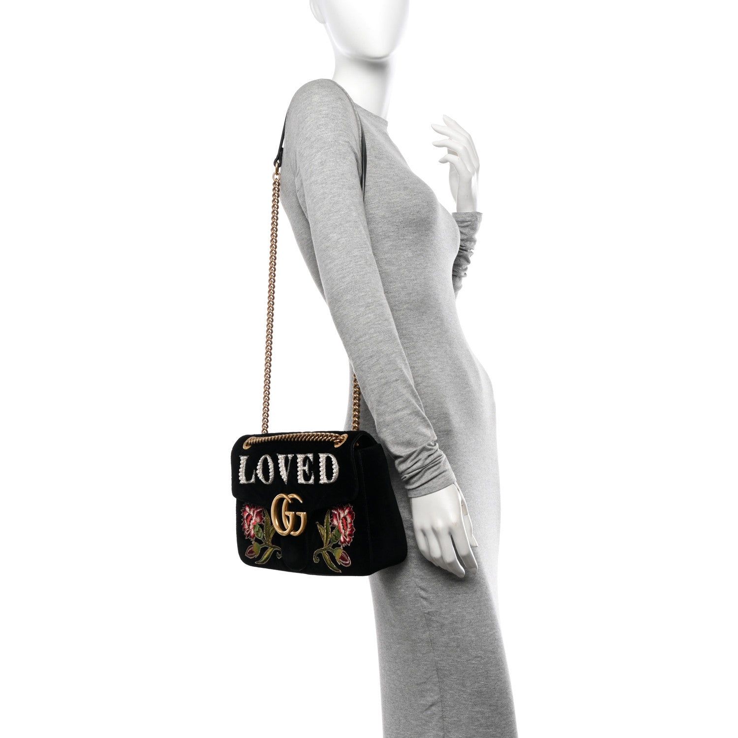 Gucci Velvet Matelasse Loved Embroidered Medium GG Marmont Shoulder Bag Black 2 of 11