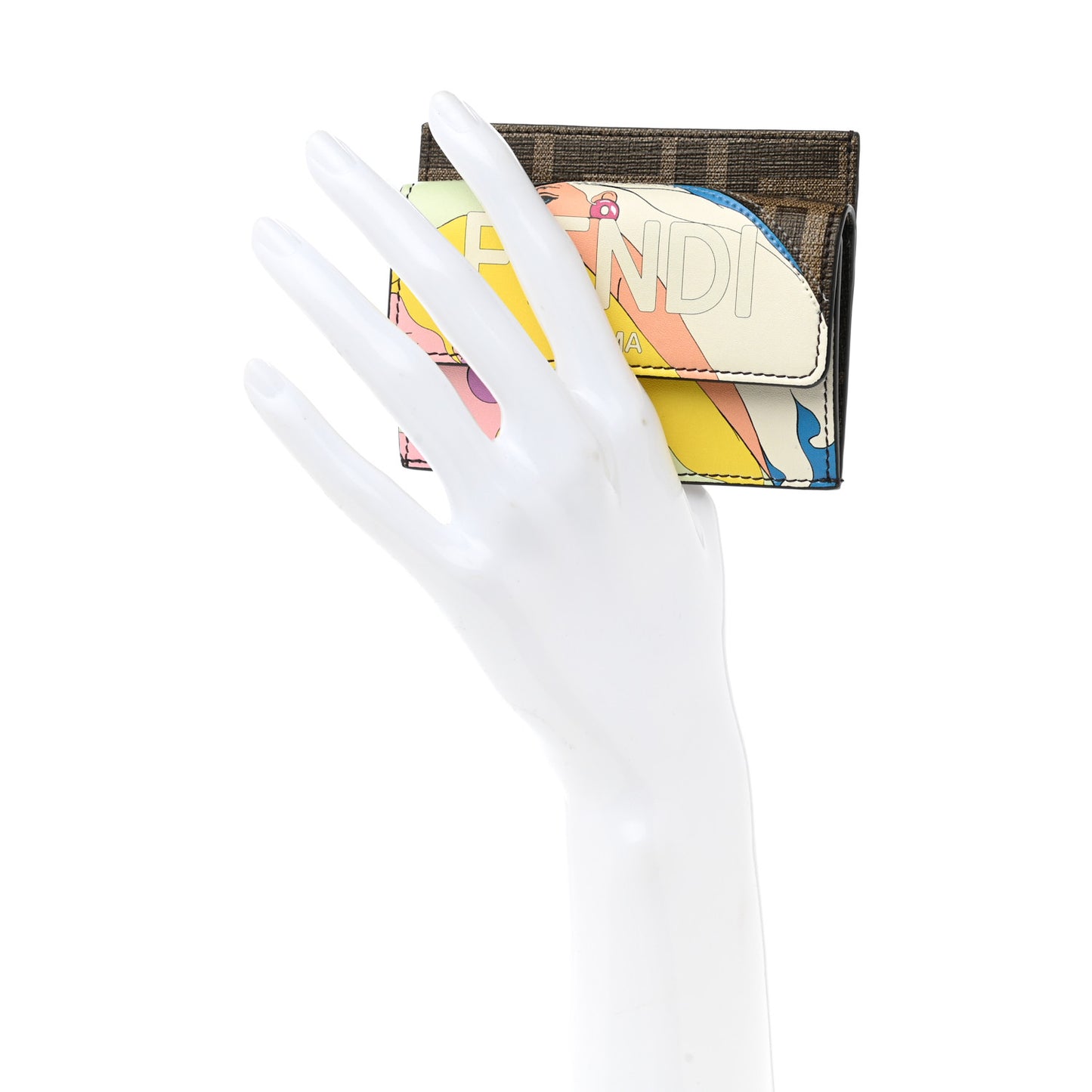 Glazed Fabric Vitello Liberty FF 1974 Logo Hairdo Girls Inlay Fold Over Card Holder Wallet Mogano Panna Multicolor