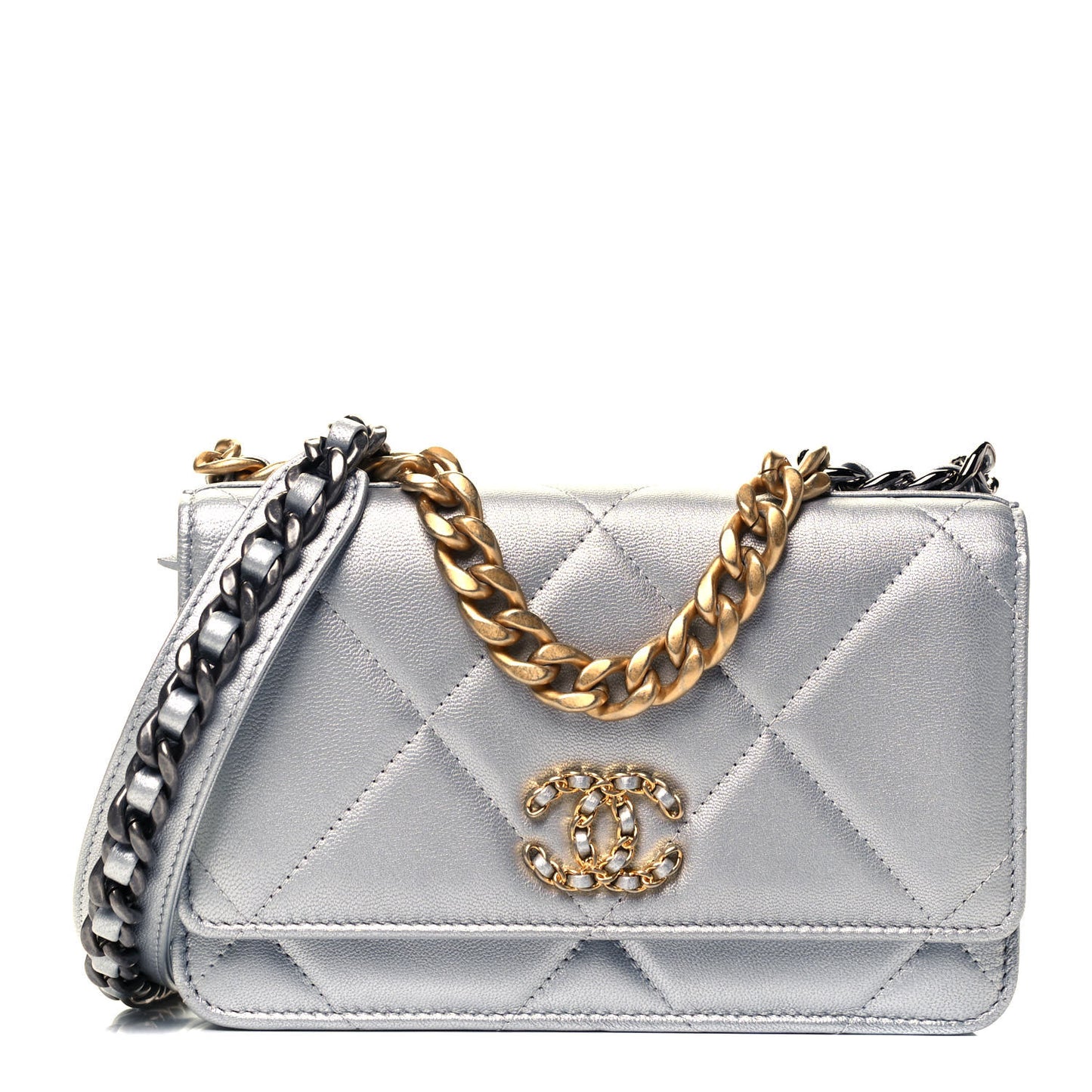 Metallic Lambskin Quilted Chanel 19 Wallet On Chain WOC Silver