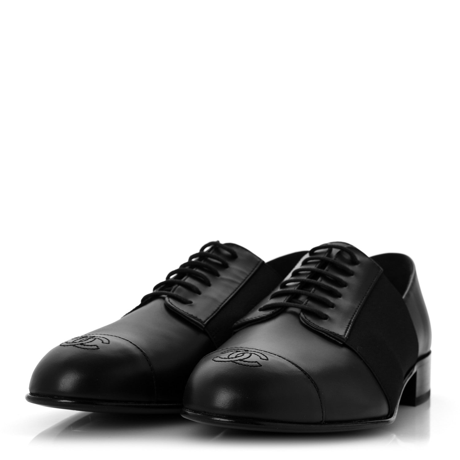 Chanel Calfskin Elastic Lace Up Cap Toe CC Loafers 38 Black 4 of 11