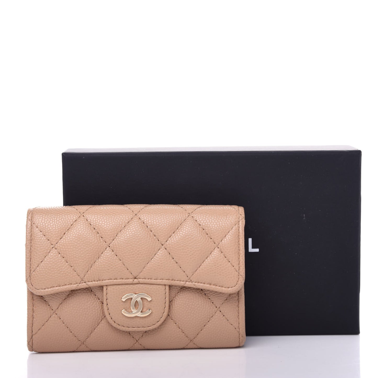 Caviar Quilted Flap Card Holder Wallet Beige
