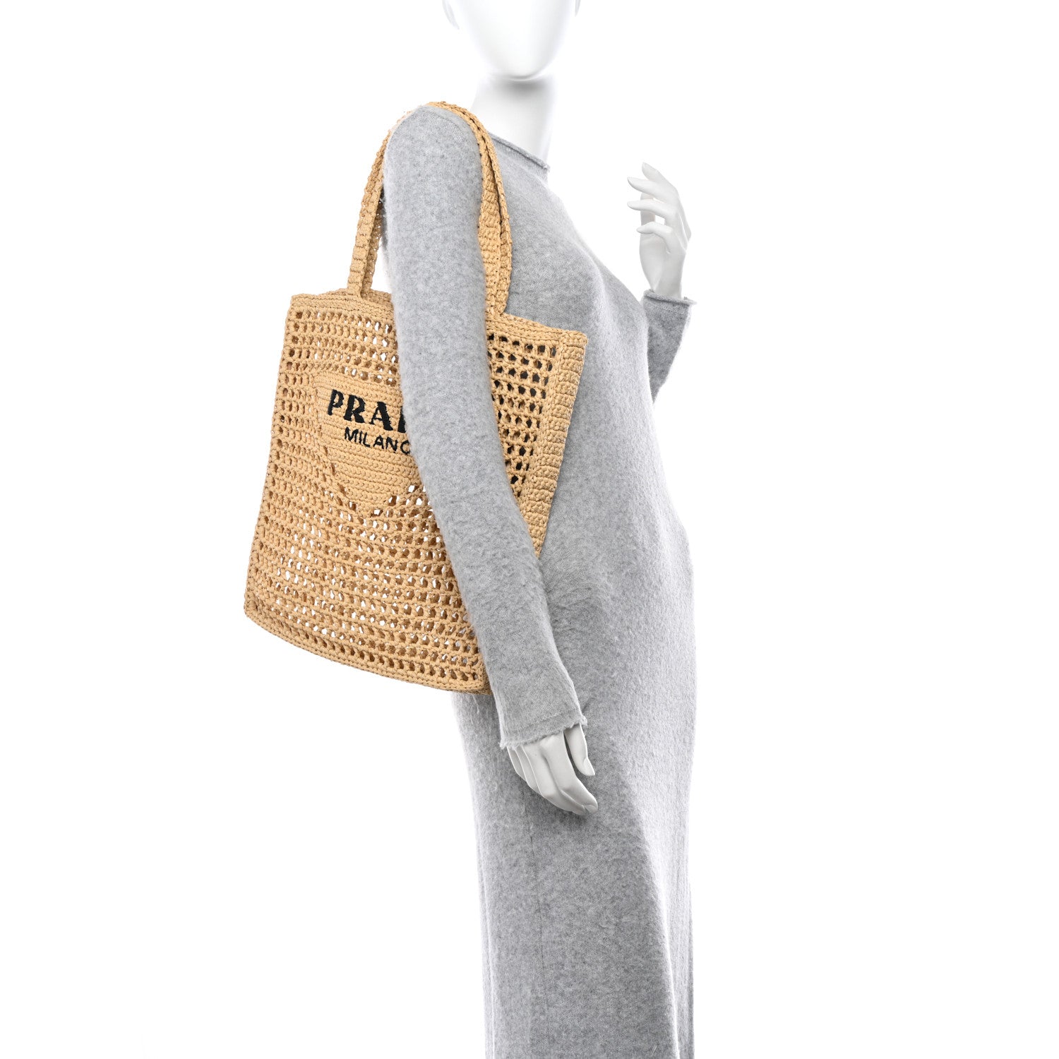 Prada Yarn Raffia Effect Crochet Logo Embroidered Tote Bag Naturale 2 of 8