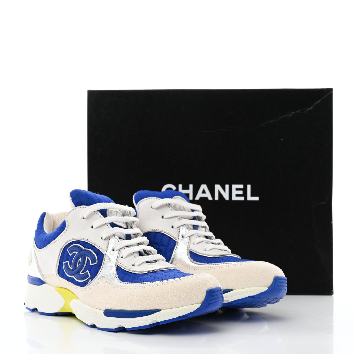 Chanel Suede Calfskin CC Sneakers 38 White Blue Yellow 9 of 9