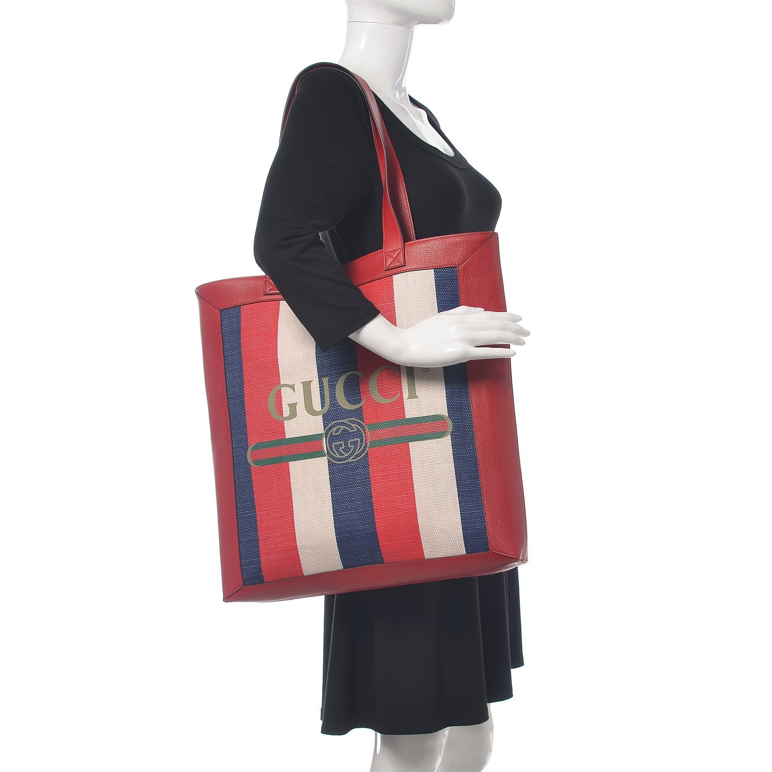 Gucci Canvas Calfskin Sylvie Stripe Logo Mens Tote Red White Blue 2 of 14