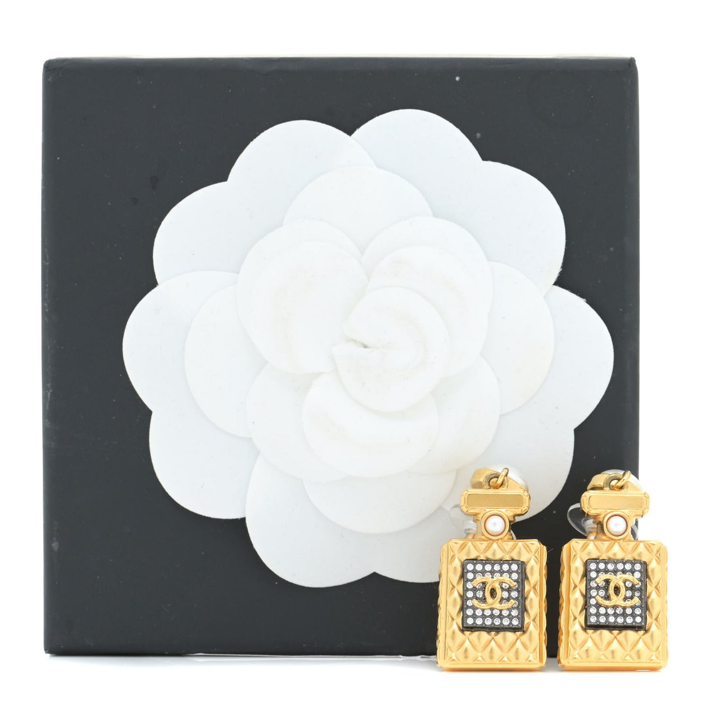 Crystal Pearl CC Perfume Bottle Drop Earrings Gold