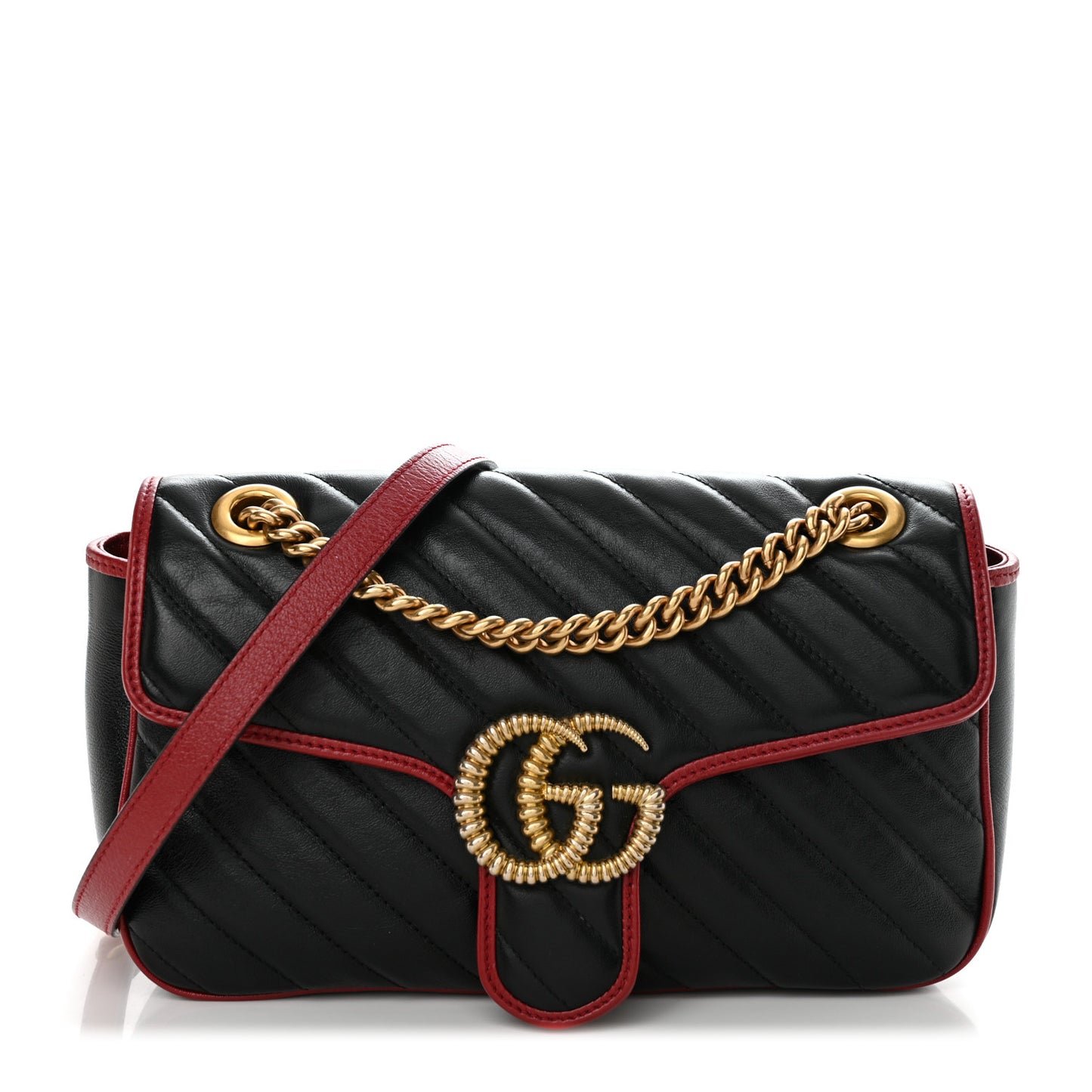 Vintage Effect Calfskin Matelasse Diagonal Small Torchon GG Marmont Shoulder Bag Black Romantic Cherry