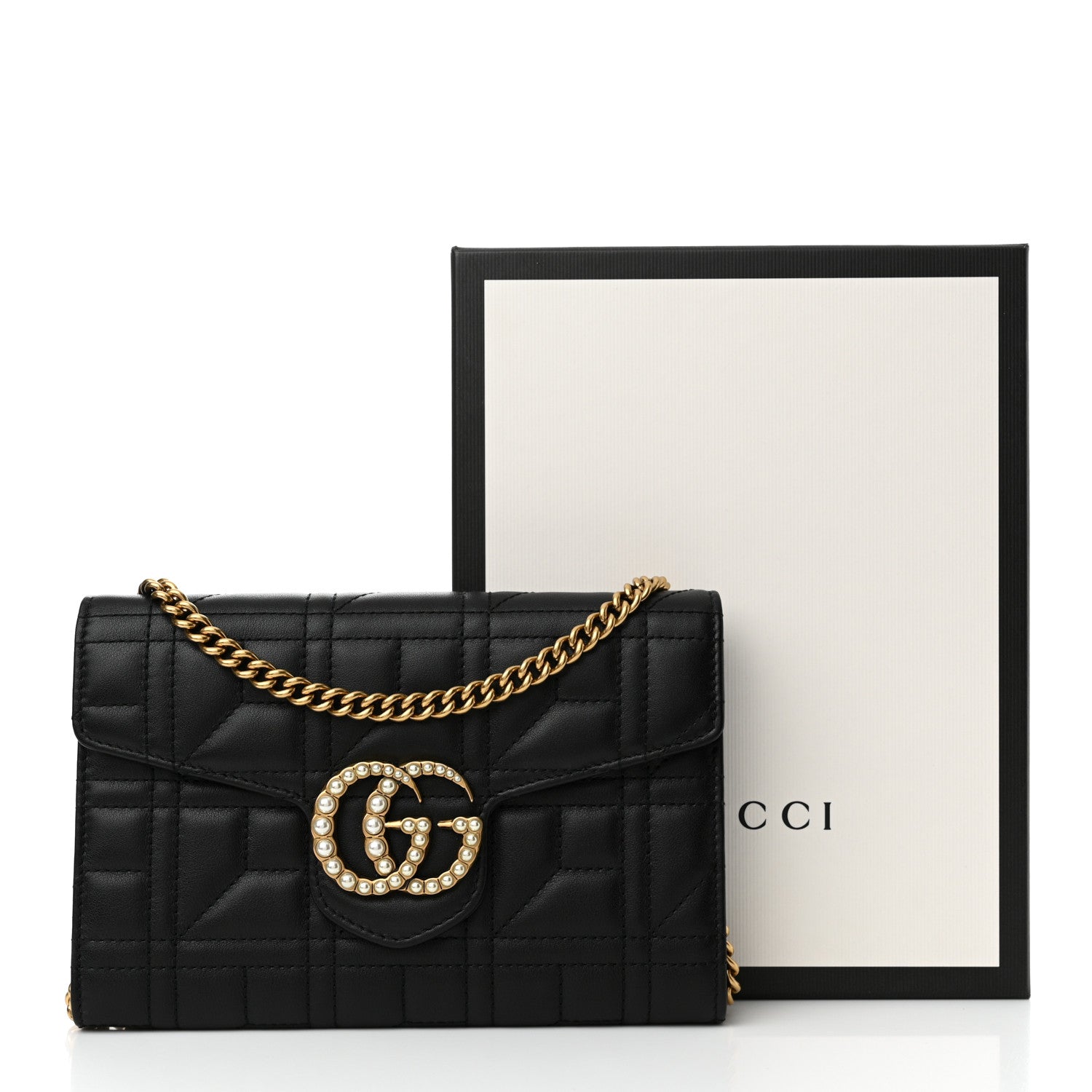 Gucci Calfskin Matelasse Mini Pearly GG Marmont Chain Wallet Black 11 of 11