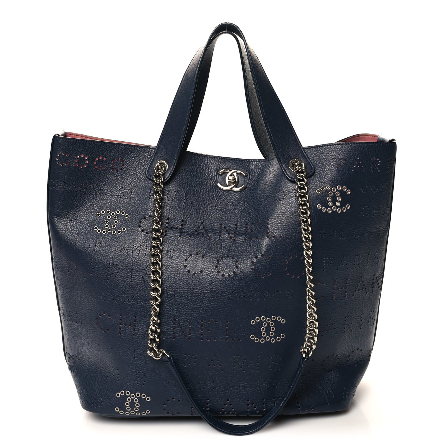 Calfskin Tweed Small Logo Eyelets Shopping Tote Navy Blue
