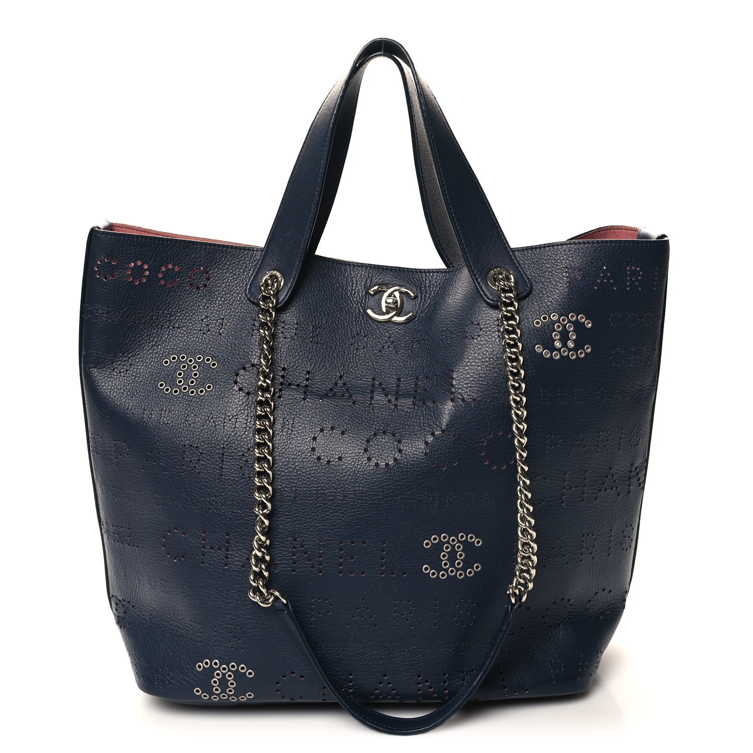 Chanel Calfskin Tweed Small Logo Eyelets Shopping Tote Navy Blue 1 of 12
