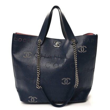 Chanel Calfskin Tweed Small Logo Eyelets Shopping Tote Navy Blue 1 of 12