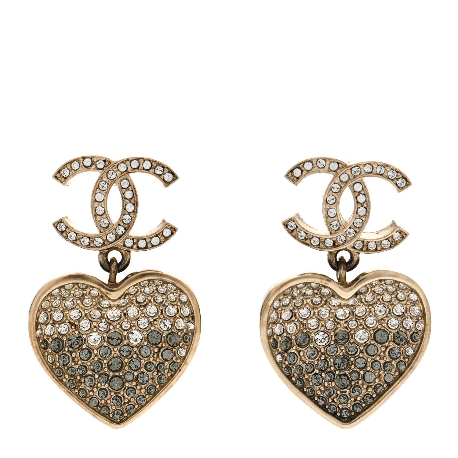 Chanel Crystal CC Resin Heart Drop Earrings Black Gold 1 of 4
