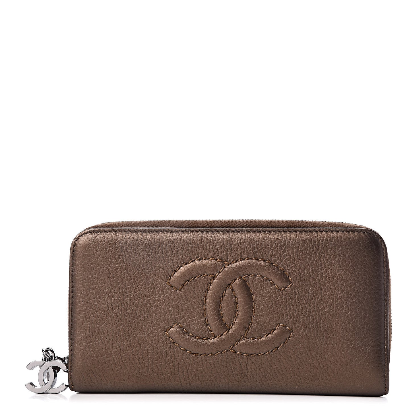 Metallic Calfskin Large Timeless Zip Around Wallet Brown