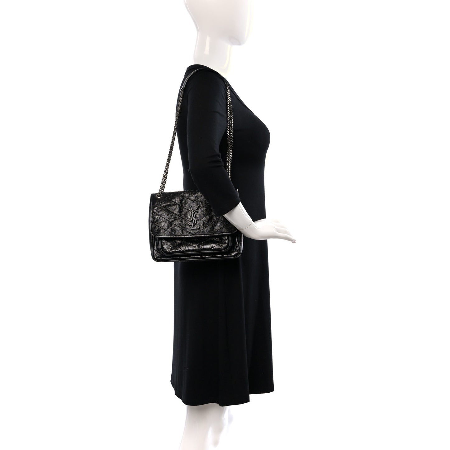 Crinkled Calfskin Matelasse Monogram Baby Niki Chain Satchel Black
