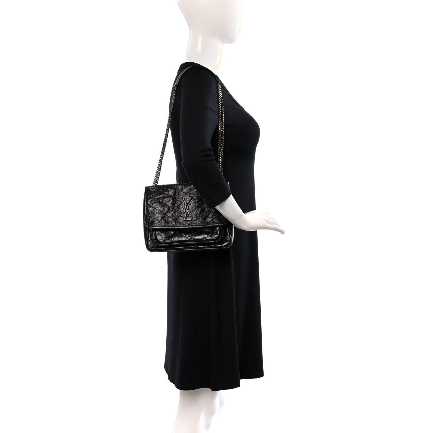 Saint Laurent Crinkled Calfskin Matelasse Monogram Baby Niki Chain Satchel Black 2 of 9