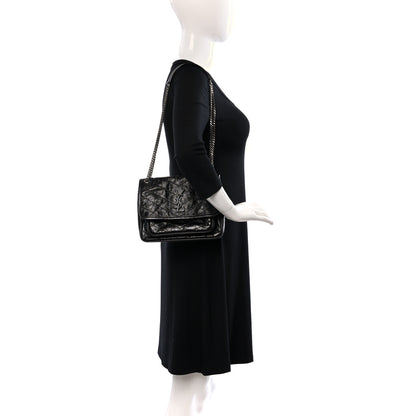 Saint Laurent Crinkled Calfskin Matelasse Monogram Baby Niki Chain Satchel Black 2 of 9