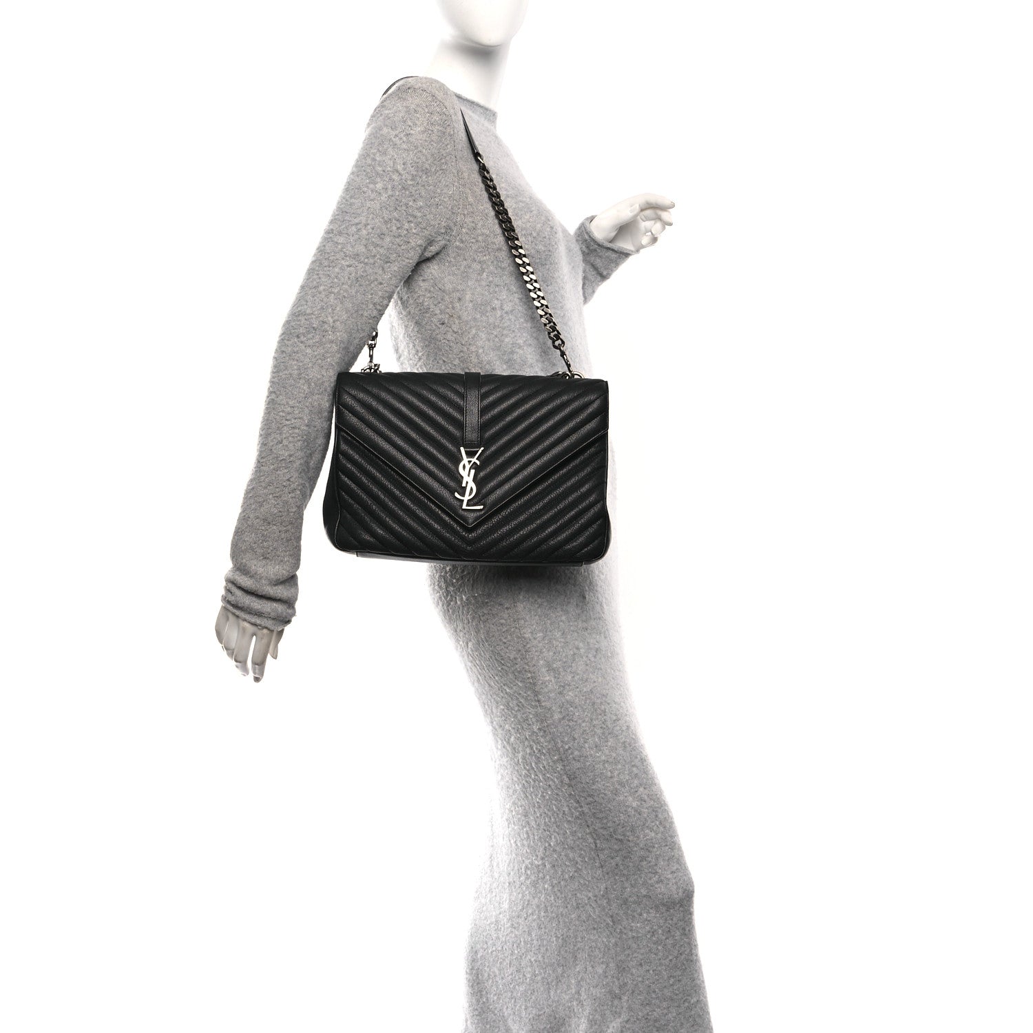 Saint Laurent Sheepskin Matelasse Chevron Monogram Large College Satchel Black 2 of 10