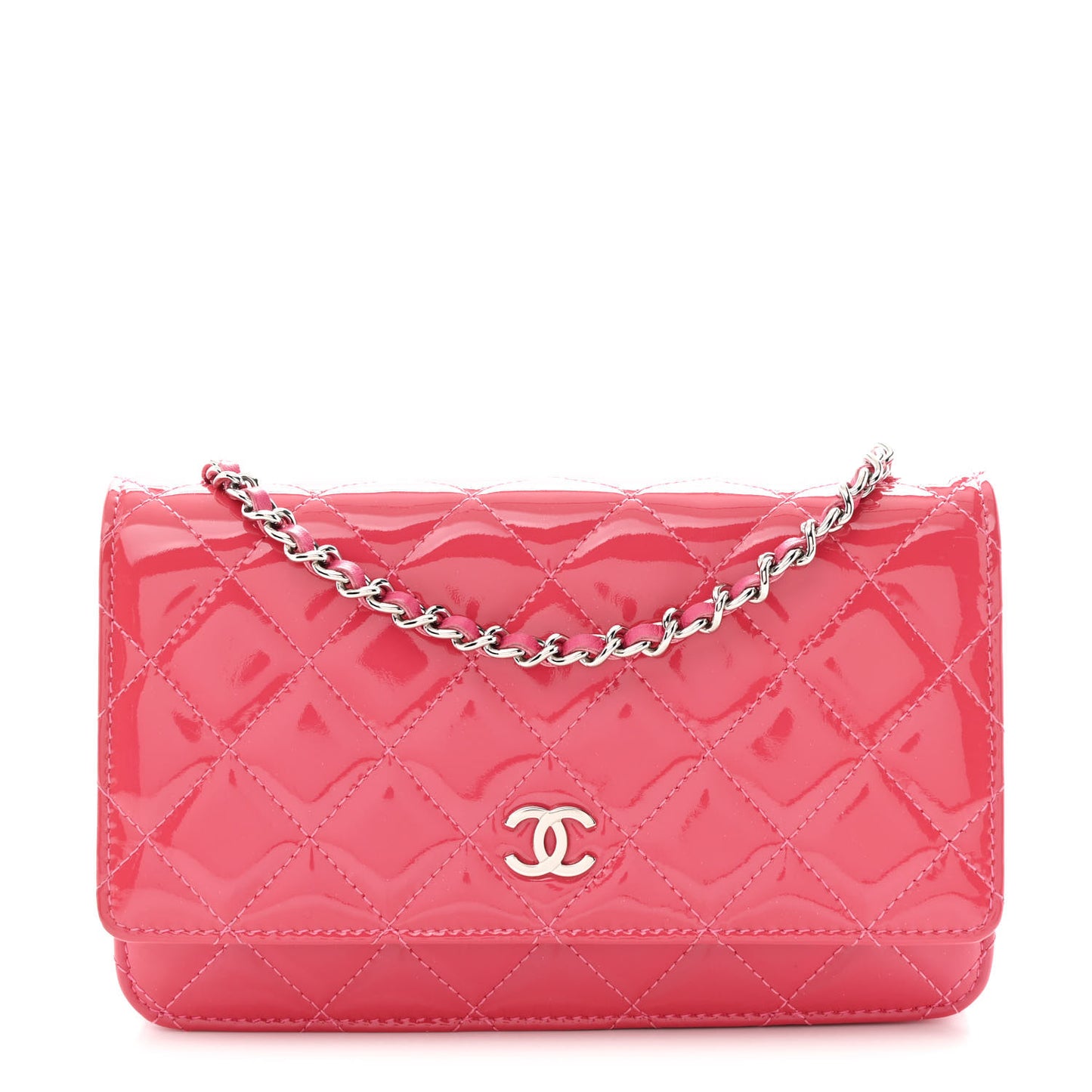 Patent Calfskin Quilted Wallet On Chain WOC Pink