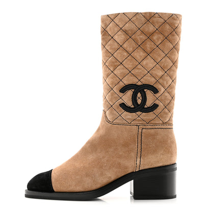 Chanel Suede Quilted CC High Boots 35.5 Dark Beige Black 1 of 8