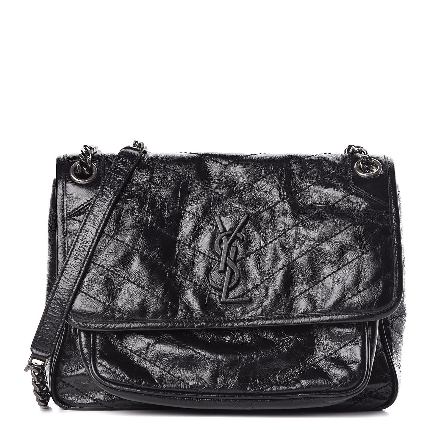Crinkled Calfskin Matelasse Monogram Medium Niki Chain Satchel Black