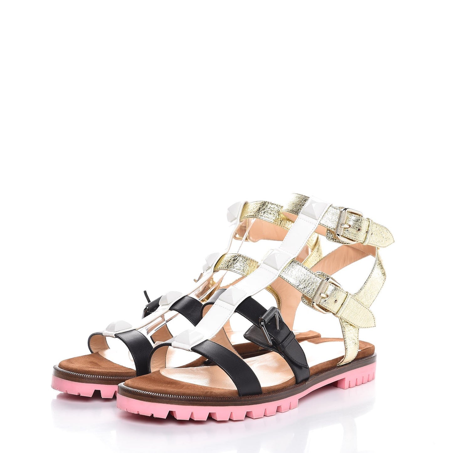 Patent Nappa Studded Rock N Buckle Flat Sandals 39 Latte