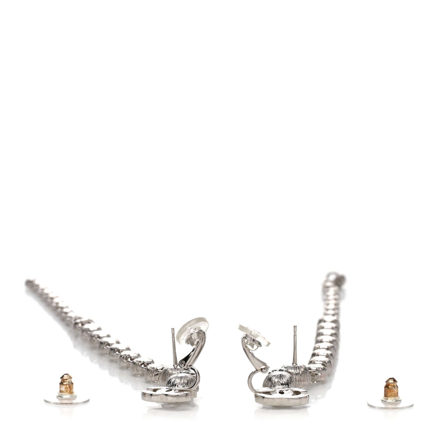 Chanel Metal Crystal CC Long Drop Earrings Silver 3 of 4