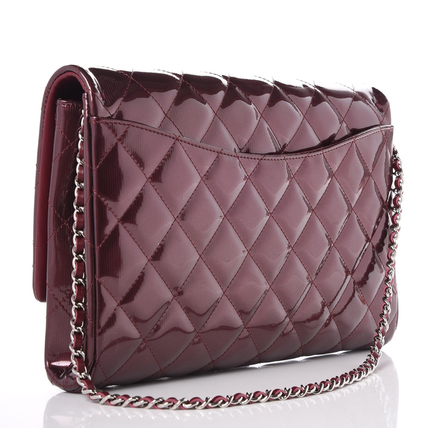 Striated Patent Quilted Clutch With Chain Flap Bordeaux