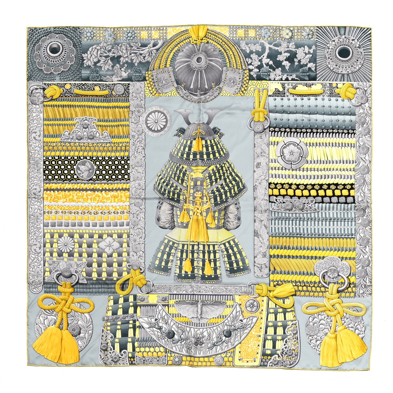 Hermes Silk Parures de Samourais Scarf 90 Gris Jaune Ardoise 1 of 4