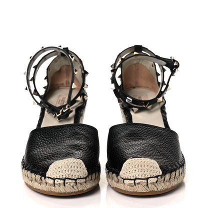 Valentino Garavani Grained Calfskin Rockstud Ankle Wrap Espadrille 15/85mm Wedges 41 Black Light Ivory 2 of 11